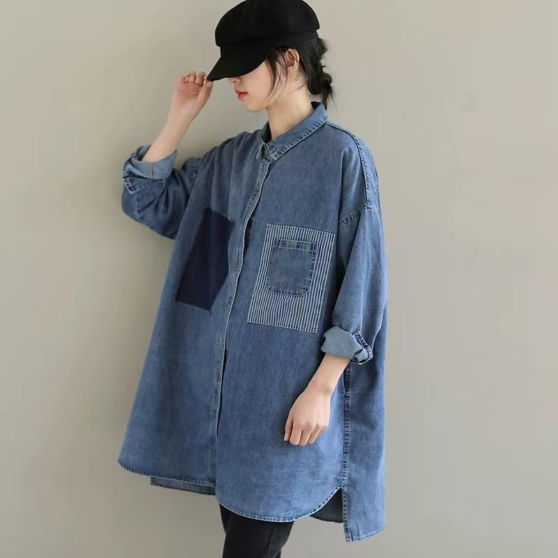French Patchwork Lapel Button Up Long Sleeve Asymmetric Denim Shirt Top