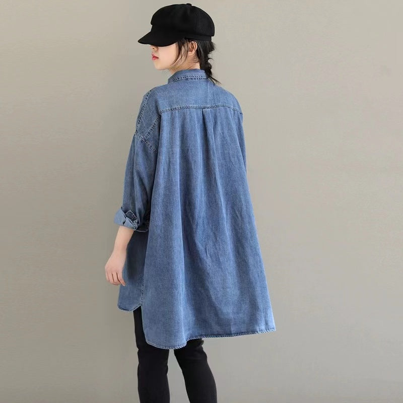 French Patchwork Lapel Button Up Long Sleeve Asymmetric Denim Shirt Top