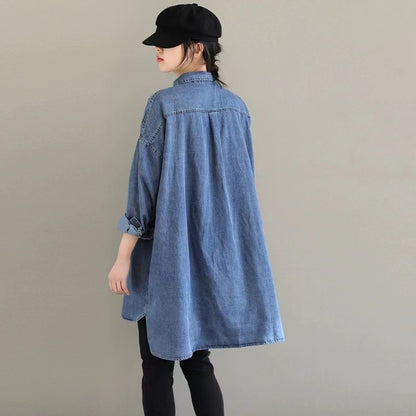 French Patchwork Lapel Button Up Long Sleeve Asymmetric Denim Shirt Top