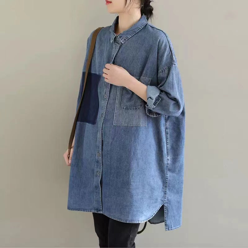 French Patchwork Lapel Button Up Long Sleeve Asymmetric Denim Shirt Top