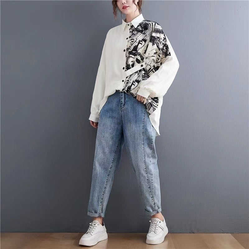 French Batwing Sleeve Black and White Patchwork Lapel Button Cardigan Shirt Top