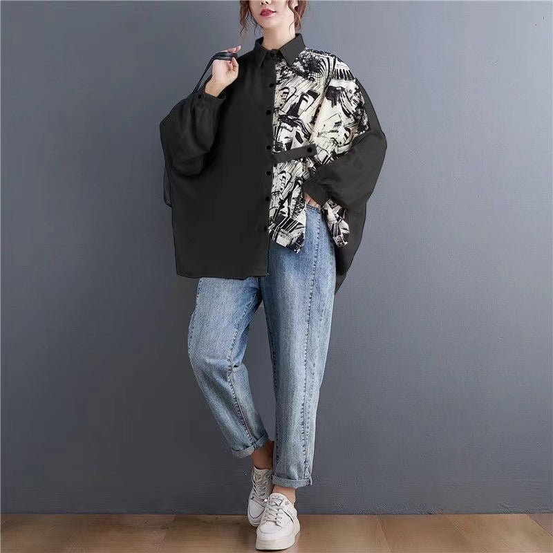 French Batwing Sleeve Black and White Patchwork Lapel Button Cardigan Shirt Top