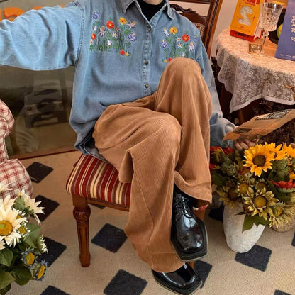 Chic Embroidered Floral Lapel Button Down Denim Jacket