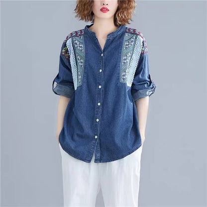 Patchwork Floral Button Up Long Sleeve Denim Shirt Top