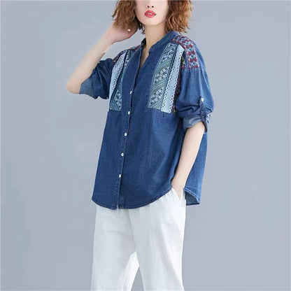 Patchwork Floral Button Up Long Sleeve Denim Shirt Top