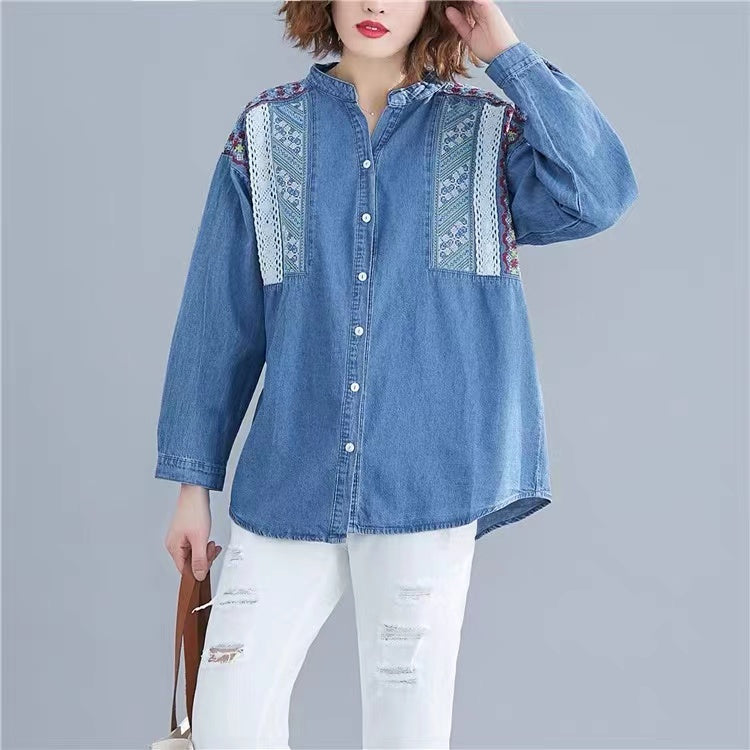 Patchwork Floral Button Up Long Sleeve Denim Shirt Top
