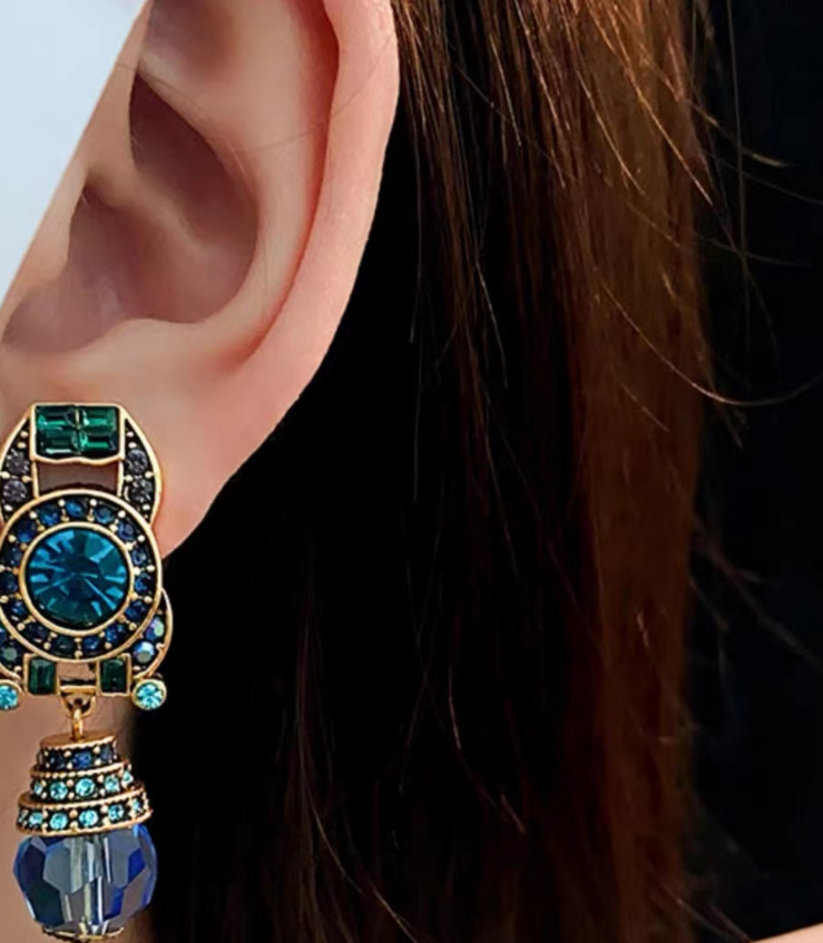 Vintage Blue Crystal Dangle Earrings
