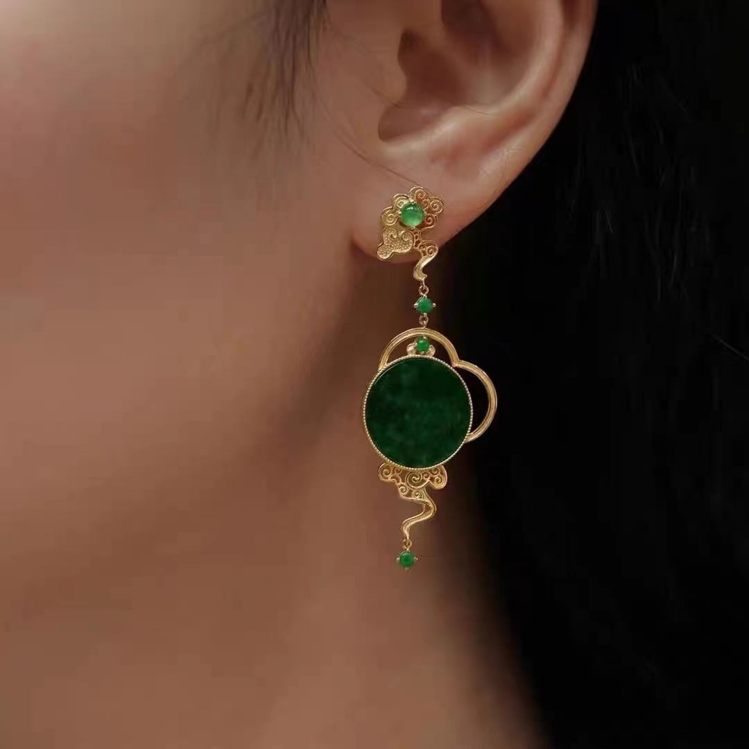 Chinese Style Gold Jadeite Dangle Earrings