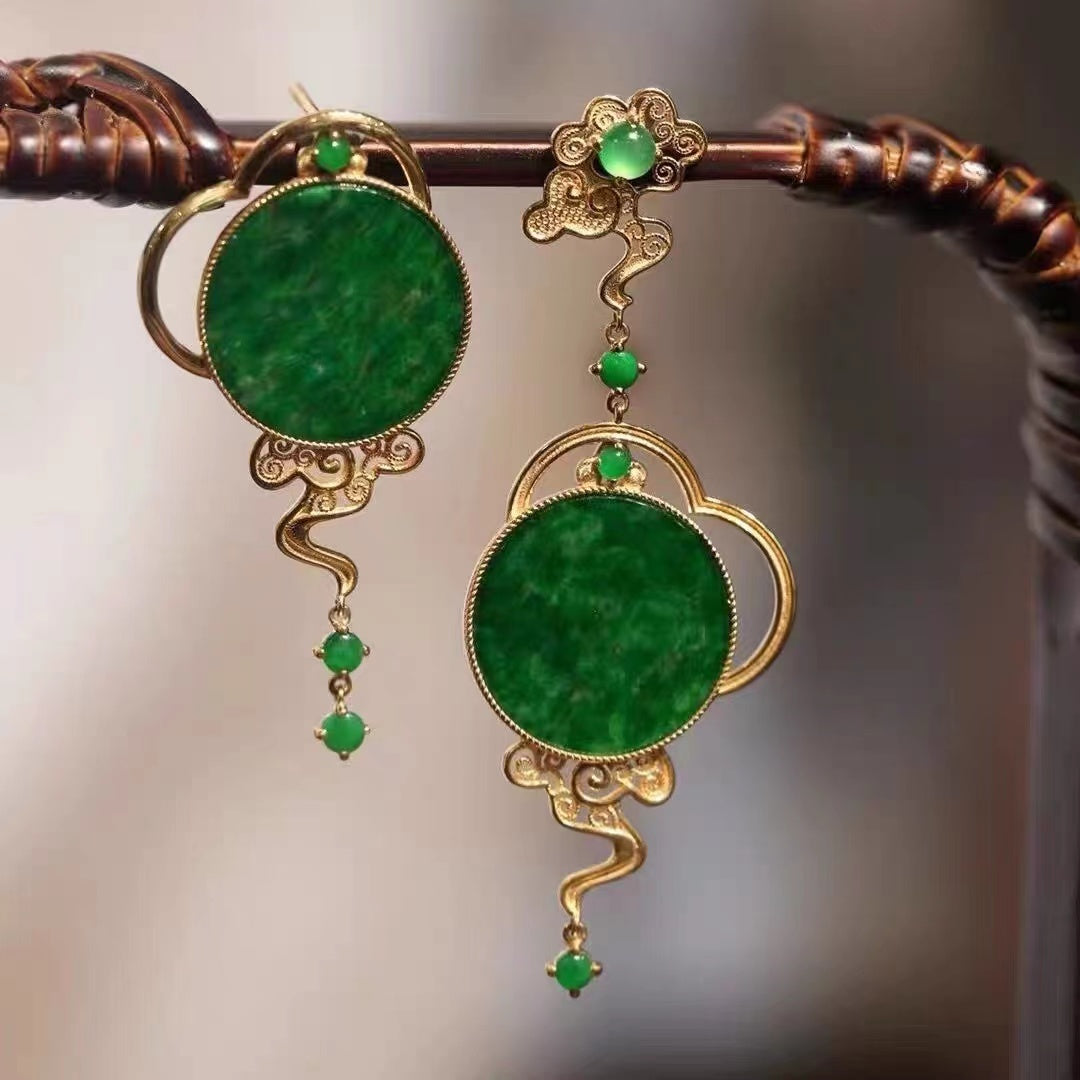 Chinese Style Gold Jadeite Dangle Earrings