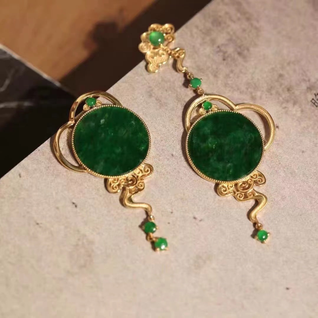 Chinese Style Gold Jadeite Dangle Earrings