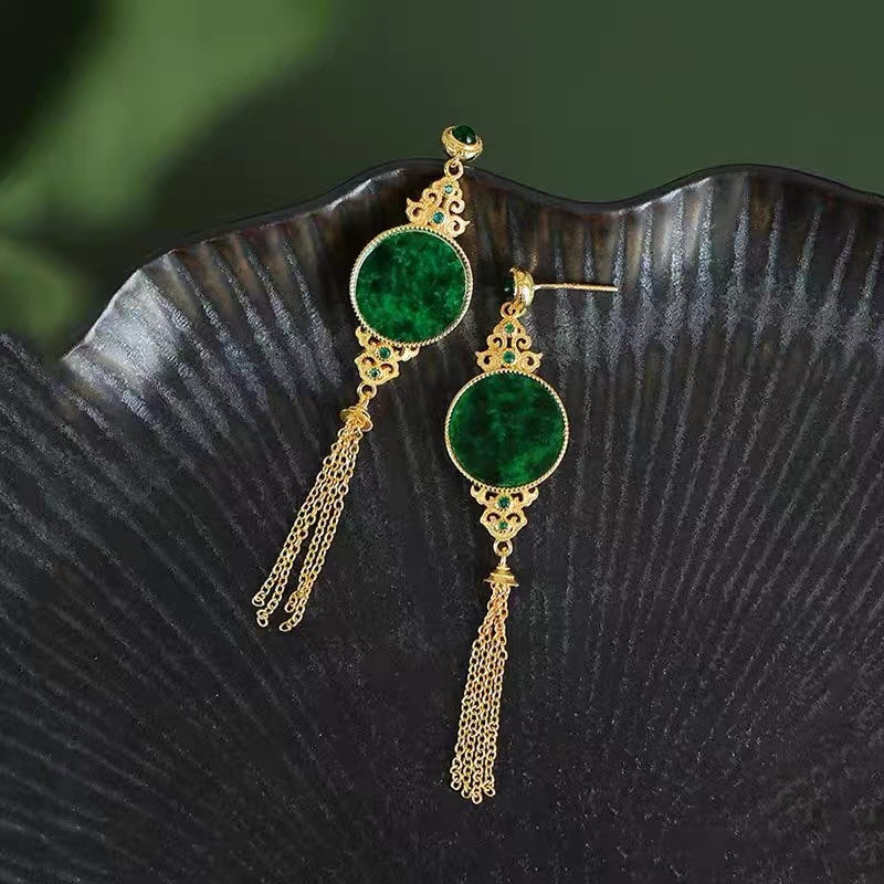 Chinese Style Gold Jadeite Dangle Earrings