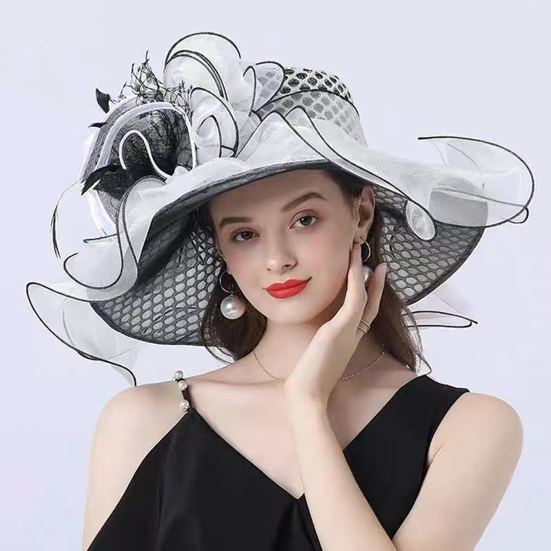 French Flower Decorated Mesh Tulle Floppy Sun Hat