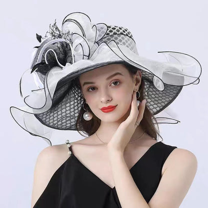 French Flower Decorated Mesh Tulle Floppy Sun Hat