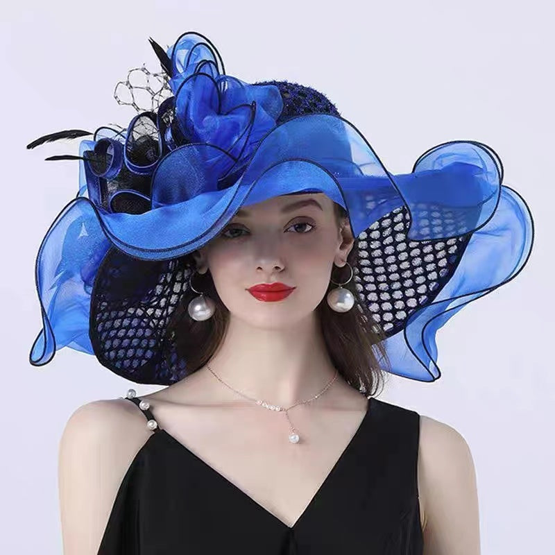 French Flower Decorated Mesh Tulle Floppy Sun Hat
