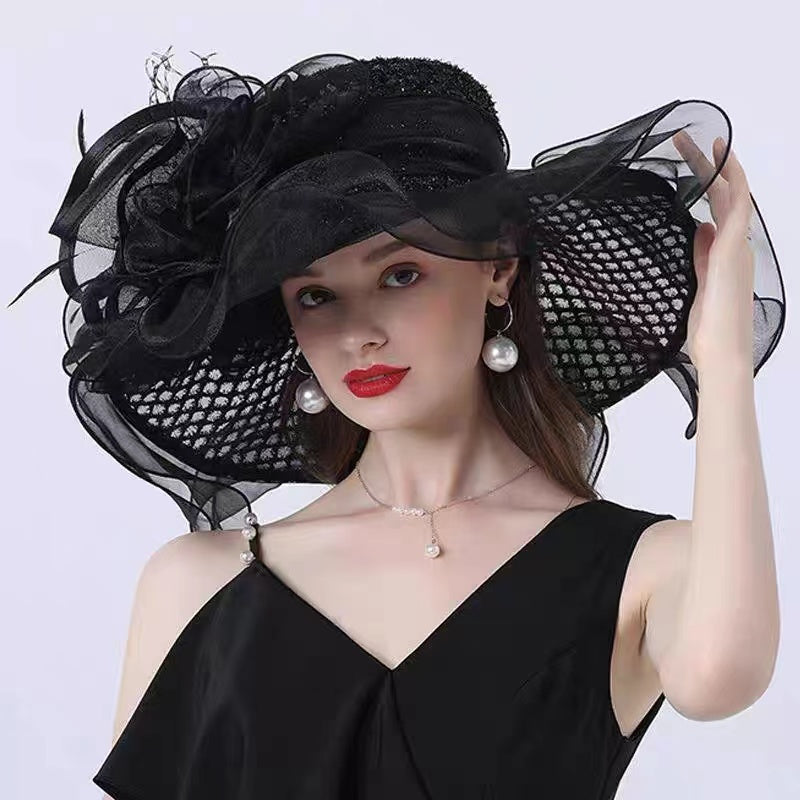 French Flower Decorated Mesh Tulle Floppy Sun Hat