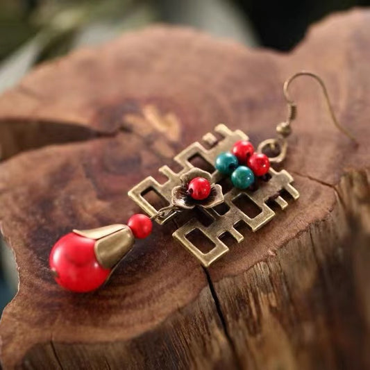 Chinese Style Double Happiness Dangling Earrings