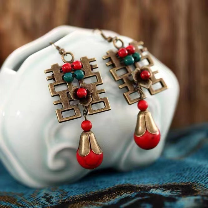 Chinese Style Double Happiness Dangling Earrings