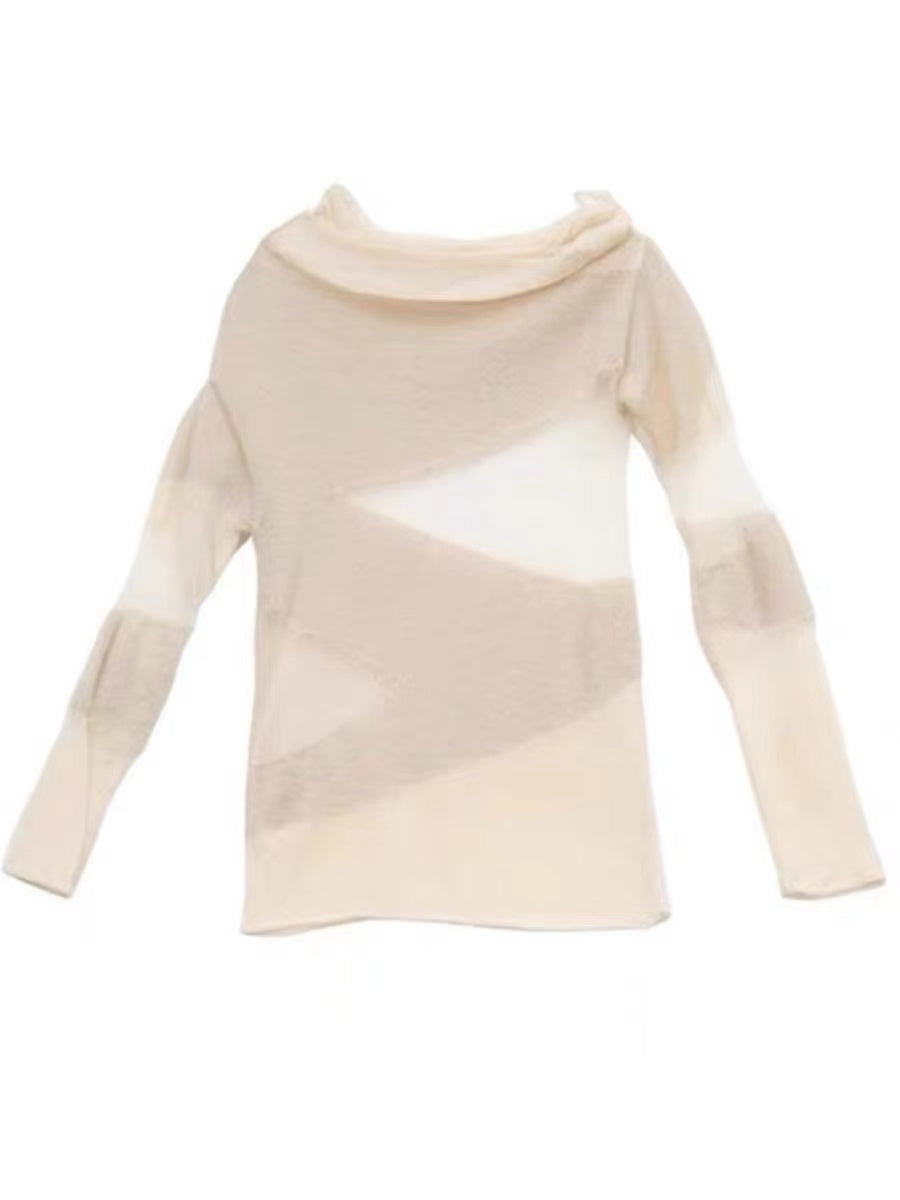 Women's Black Turtleneck Tulle Patchwork Thin Knit Sweater Top