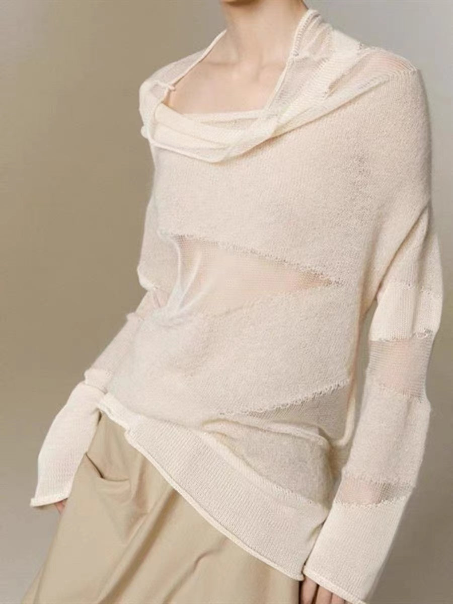 Women's Black Turtleneck Tulle Patchwork Thin Knit Sweater Top