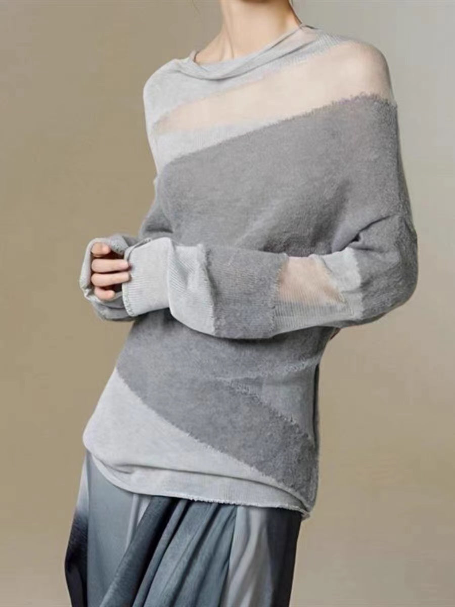 Women's Black Turtleneck Tulle Patchwork Thin Knit Sweater Top