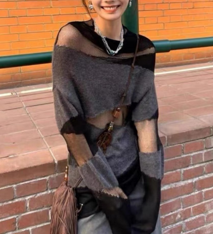 Women's Black Turtleneck Tulle Patchwork Thin Knit Sweater Top