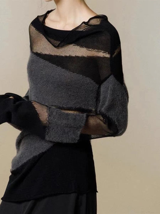 Women's Black Turtleneck Tulle Patchwork Thin Knit Sweater Top
