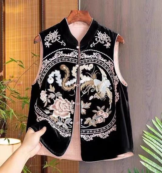 Women's Embroidered Button Patchwork Silk Vest