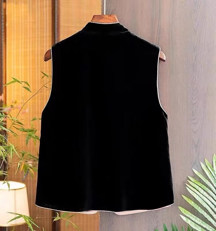 Women's Embroidered Button Patchwork Silk Vest