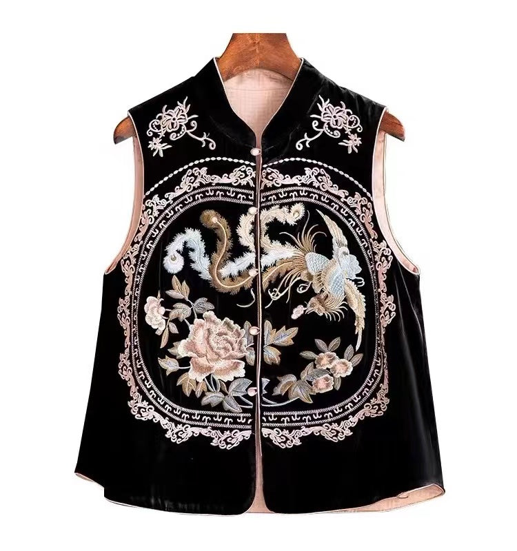 Women's Embroidered Button Patchwork Silk Vest