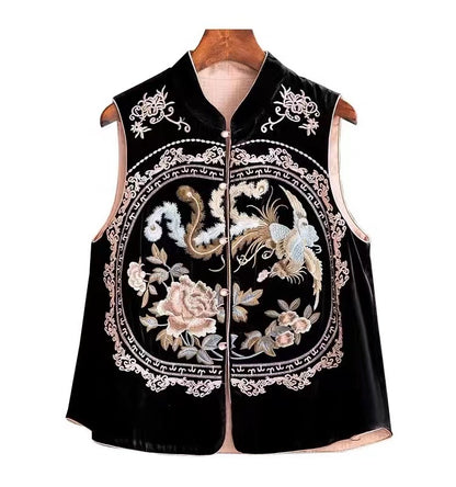Women's Embroidered Button Patchwork Silk Vest