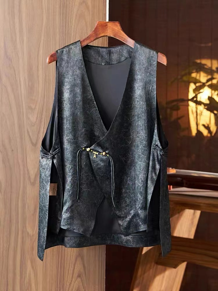 Vintage Gold Asymmetric Button Cracked Silk Vest