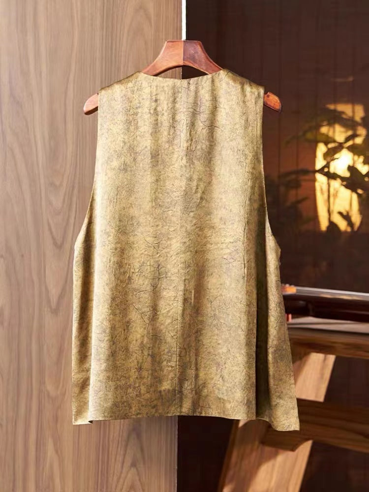 Vintage Gold Asymmetric Button Cracked Silk Vest