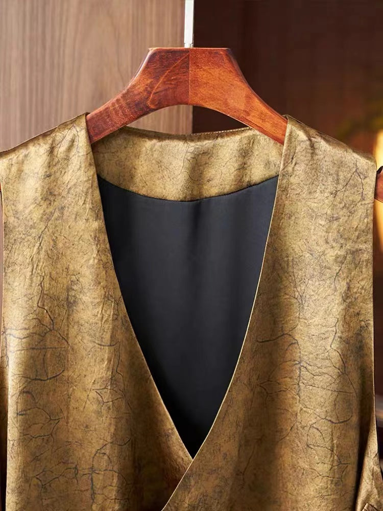 Vintage Gold Asymmetric Button Cracked Silk Vest
