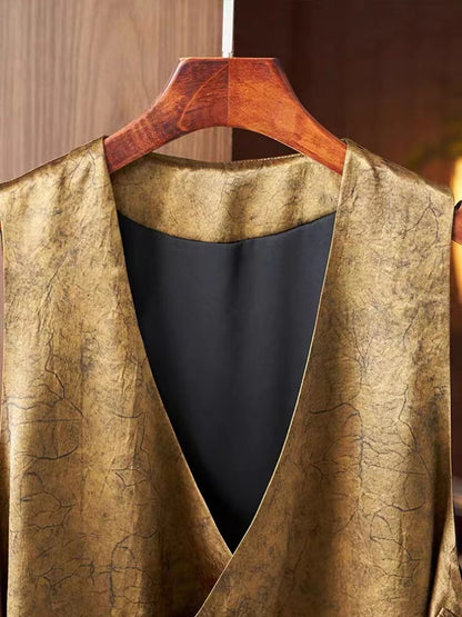 Vintage Gold Asymmetric Button Cracked Silk Vest