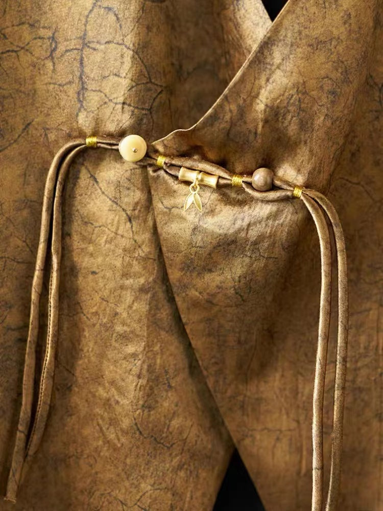 Vintage Gold Asymmetric Button Cracked Silk Vest