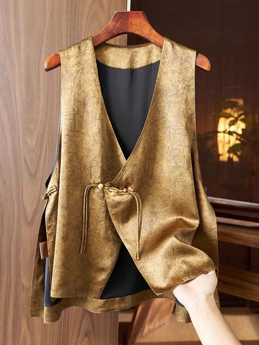 Vintage Gold Asymmetric Button Cracked Silk Vest