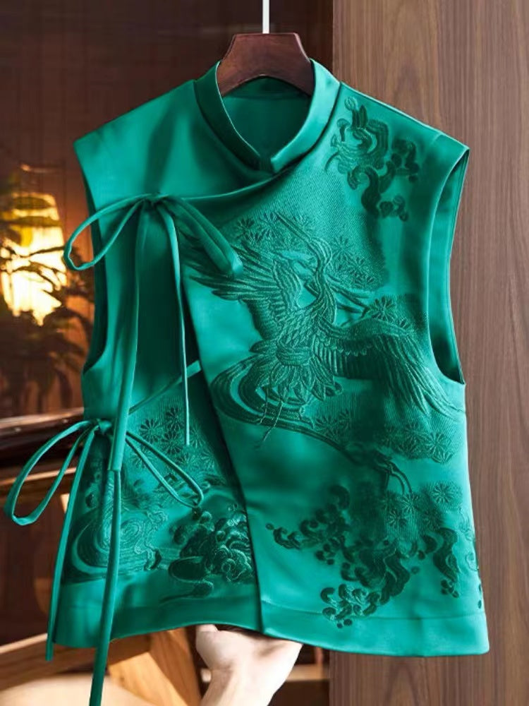 Elegant asymmetric strappy small high neck embroidered waistcoat