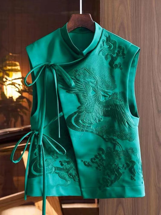 Elegant asymmetric strappy small high neck embroidered waistcoat