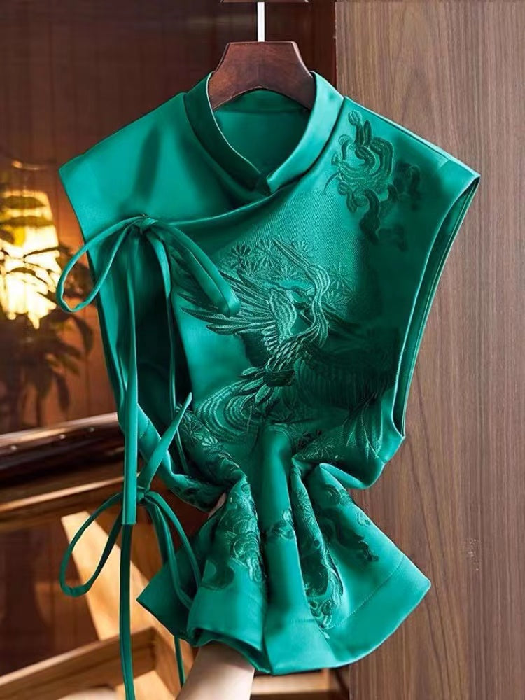 Elegant asymmetric strappy small high neck embroidered waistcoat