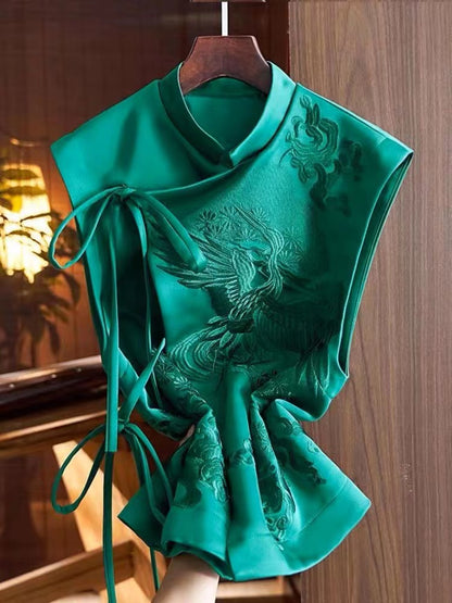 Elegant asymmetric strappy small high neck embroidered waistcoat