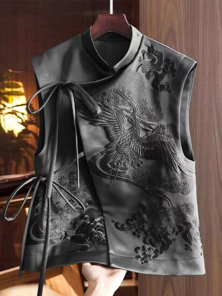 Elegant asymmetric strappy small high neck embroidered waistcoat