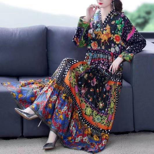 Bohemian V-neck printed silk beach dress