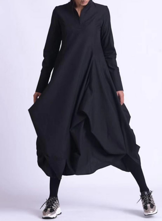 French Black Stand Collar Long Sleeve Asymmetric Button Dress