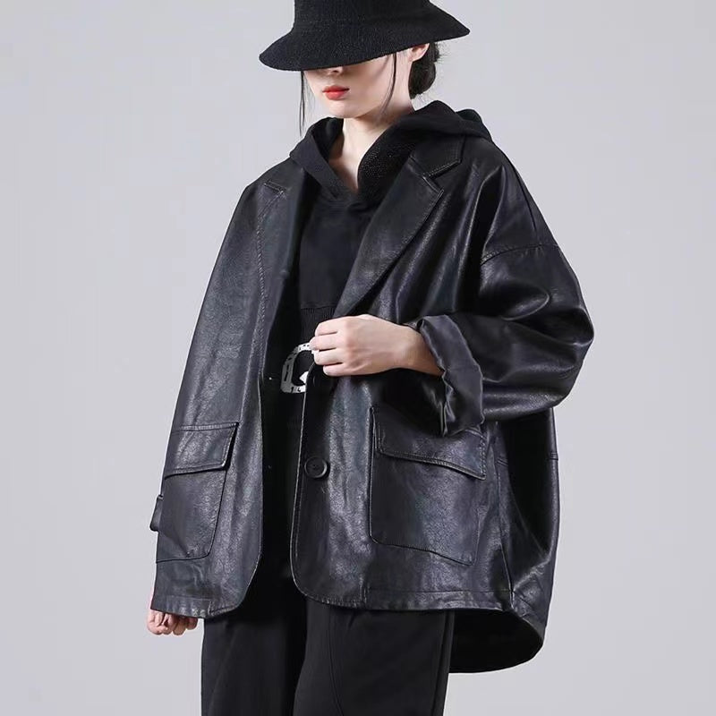 Vintage Suit Leather Pocket Button Jacket