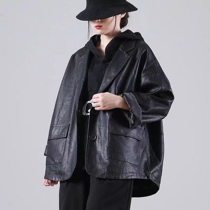 Vintage Suit Leather Pocket Button Jacket