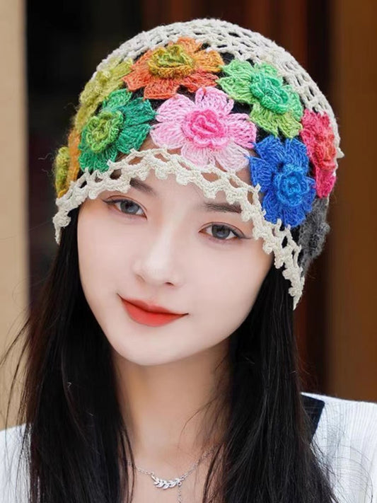 Embroidered Flower Colorful Cutout Knit Hat