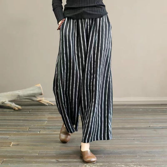 Solid Color Vintage Striped Linen Wide Leg Pants Stretch Waist Wide Leg Pants