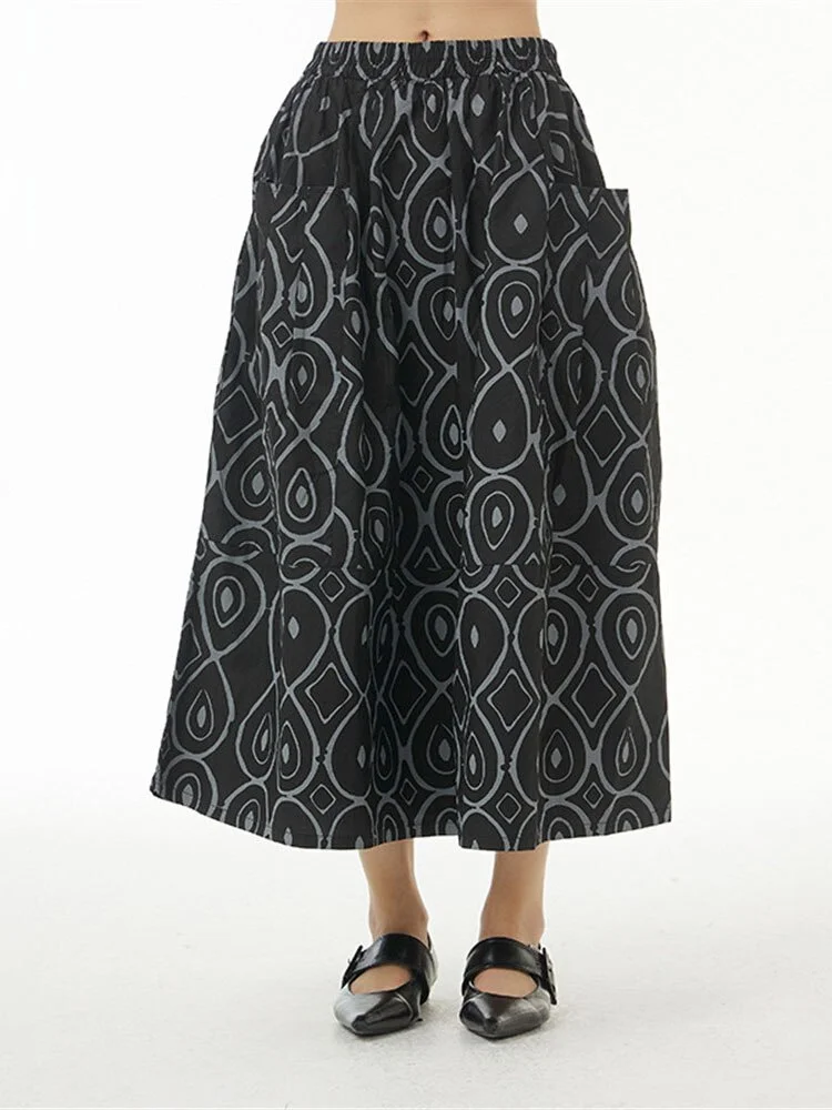 Italian Women's Geometric Print Pocket Elastic Waist Skirt