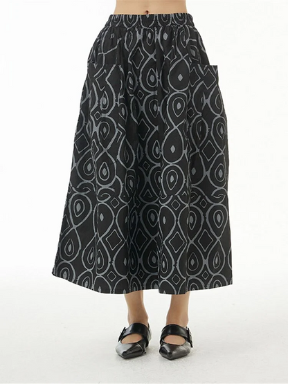 Italian Women's Geometric Print Pocket Elastic Waist Skirt