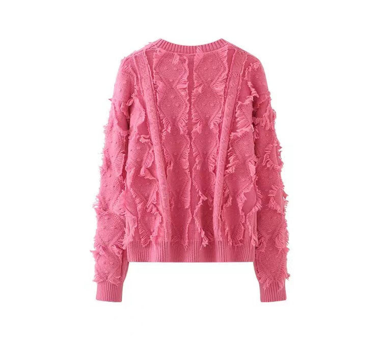Pullover Pink Fringed Knit Sweater